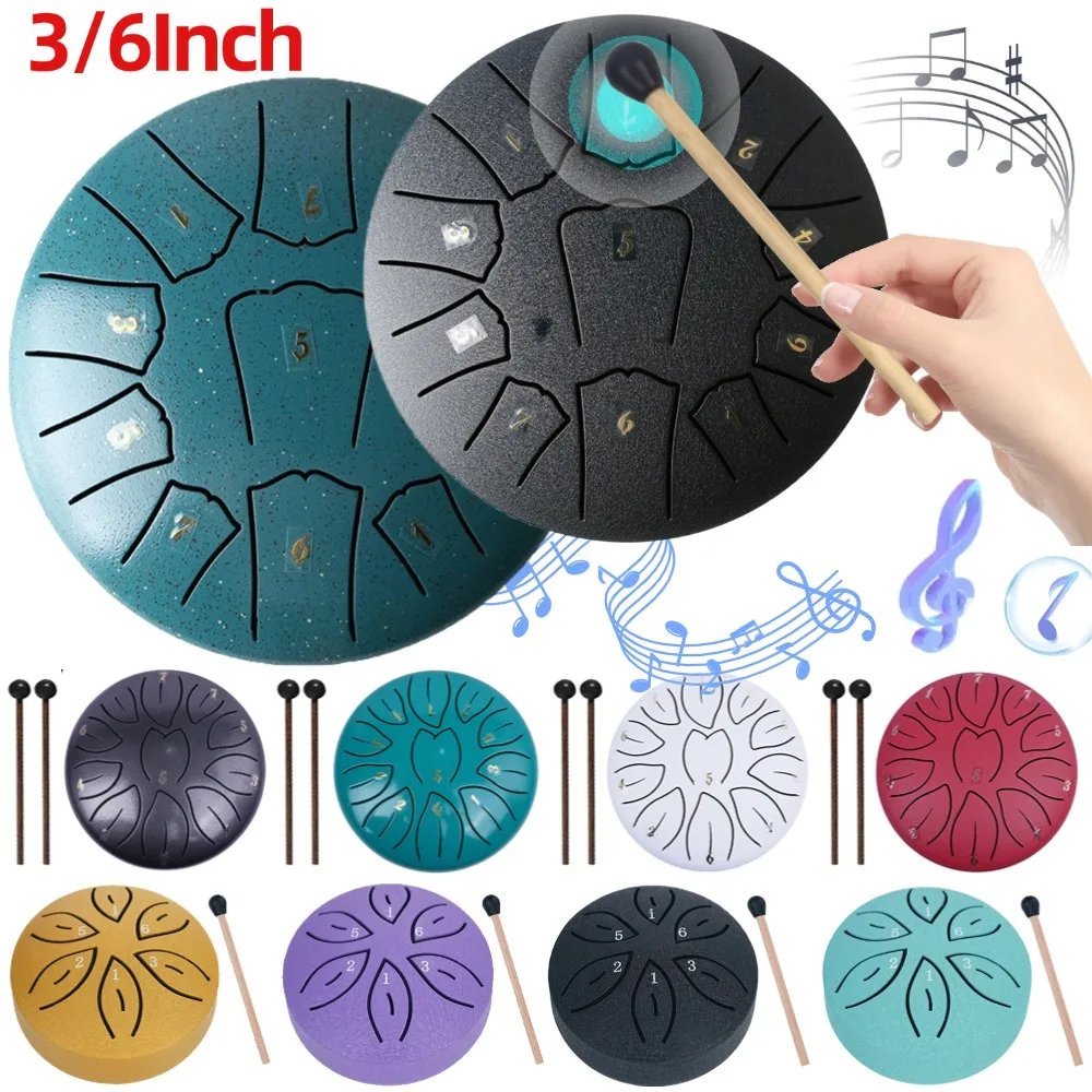 Mini Steel Tongue Drum 6/3 Inch 11/6 Notes Music Drum Hand Pan Ethereal Drum for Yoga Meditation Percussion Instruments Gifts