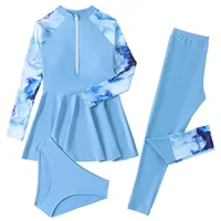 Children Girls Swimwear Sun Protection Long Sleeve Skirt Swimsuit Kids Summer Beach Dress+Triangle Pants+Pants Split Bathing Set