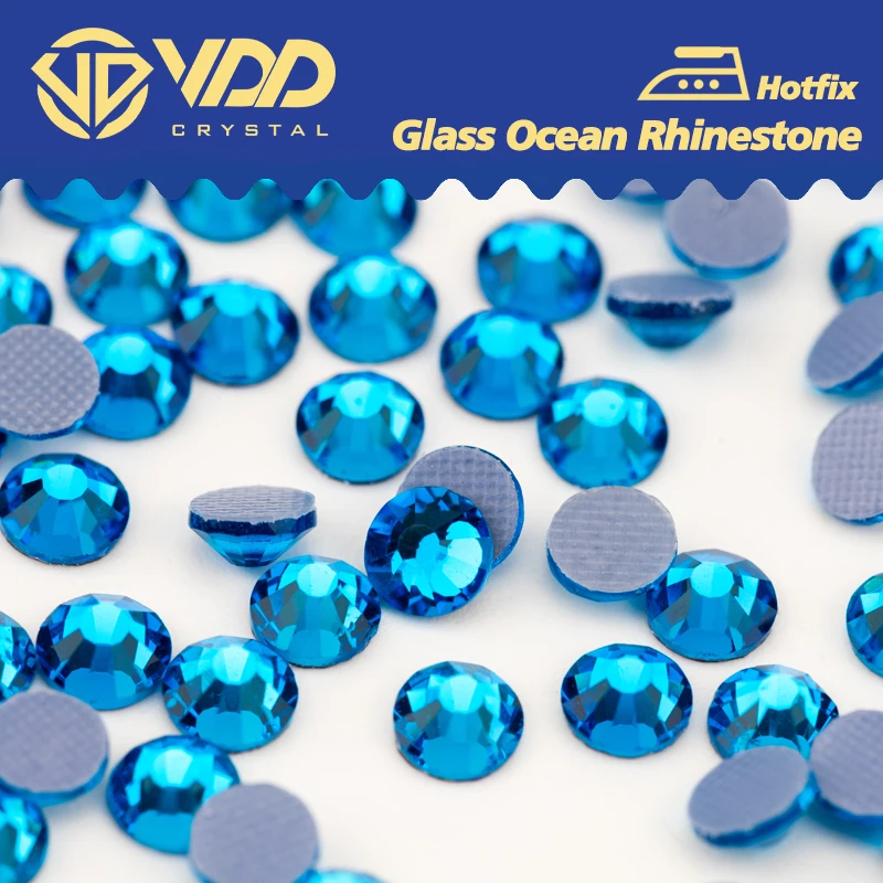 VDD 029 Capri Blue Glass Hotfix Kristall-Strasssteine zum Aufbügeln, flache Rückseite, Glitzer, Diamantstein, Stoff, Kleidungsdekoration