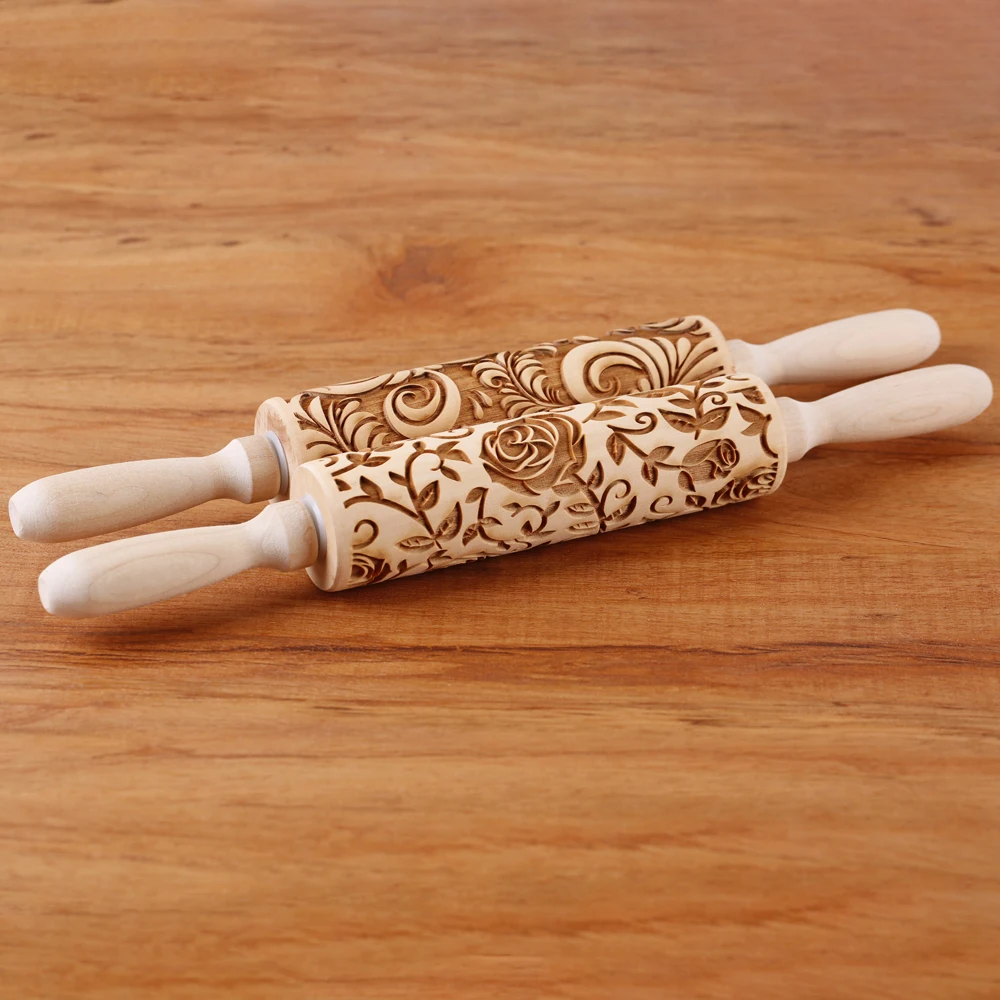 Arjmide 35X4.5CM Deep Engraved Wooden Rose Flower Embossed Rolling Pin for Baking 3D Cookies Mold Tools ZM153