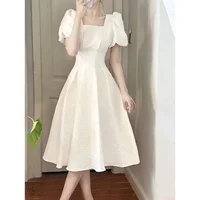 Summer 2023 French Style Fresh White Long Dress Women's Waist-Cinching Slimming Short Sleeve Dress Elegant and Charming