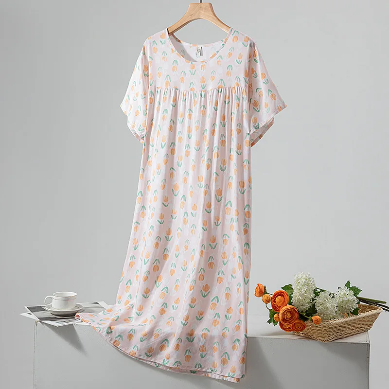 Summer Pajama Dress O Neck Nightgown For Sleeping Woman Short Sleeve Sleepwear Plus Size Home Wear Camison De Verano Para Mujer
