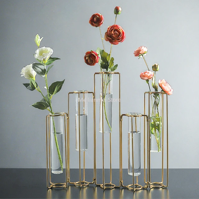 Vase tube à essai pour fleurs, vase à charnière en métal avec tube à essai  en verre, centre de table pour décoration d'intérieur : : Maison