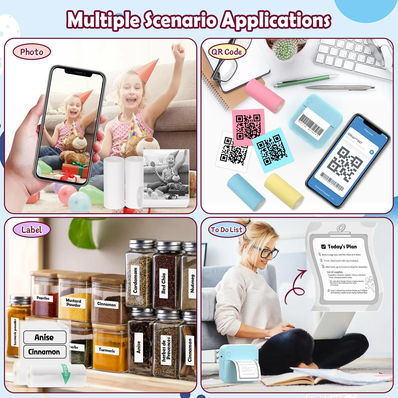 10 Rolls Thermal Printer Mix Paper Rolls 2.2in x 19ft for Mini Pocket Printer White Colors Sticky Receipt Paper Rolls POS Papers