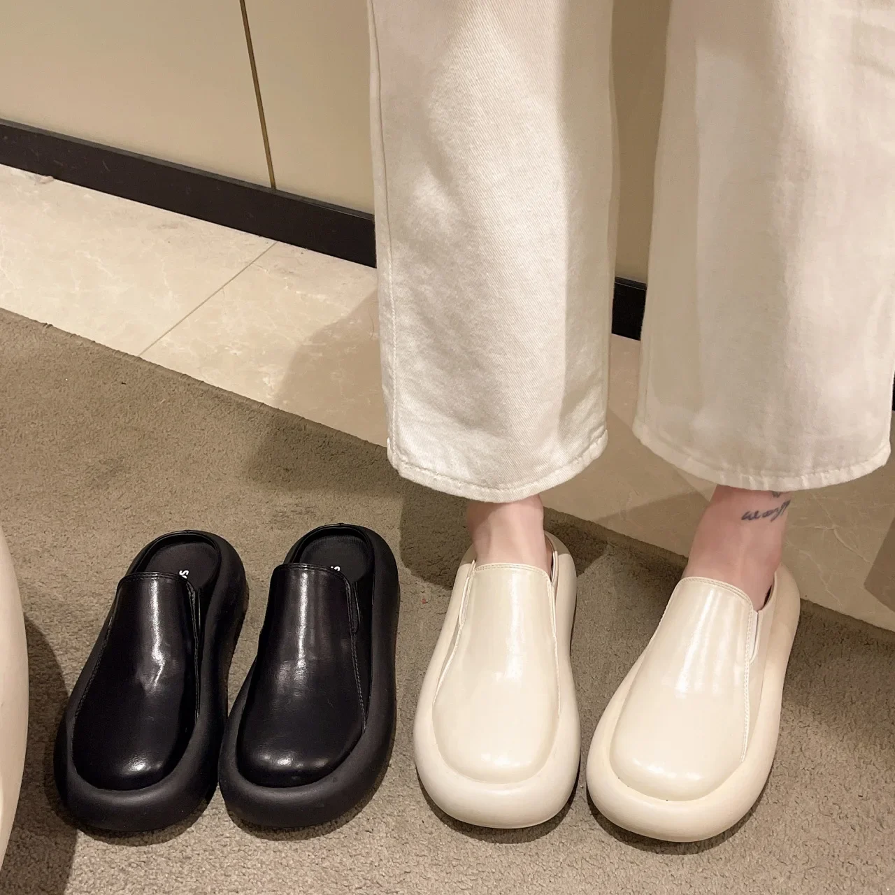 Ladies Genuine Leather Thick Sole Slippers Women Retro High