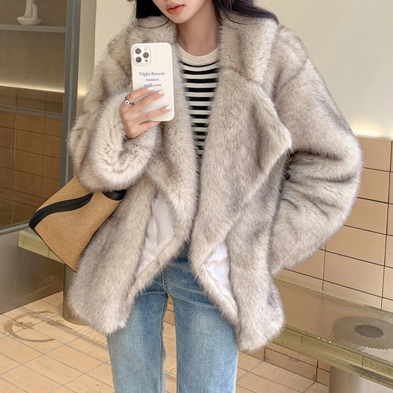 Luxury Brand Fashion Gradient Animal Color Faux Fur Coat Jacket Women 2024 Winter Loose Oversized Long Fluffy Overcoat Outerwear 2