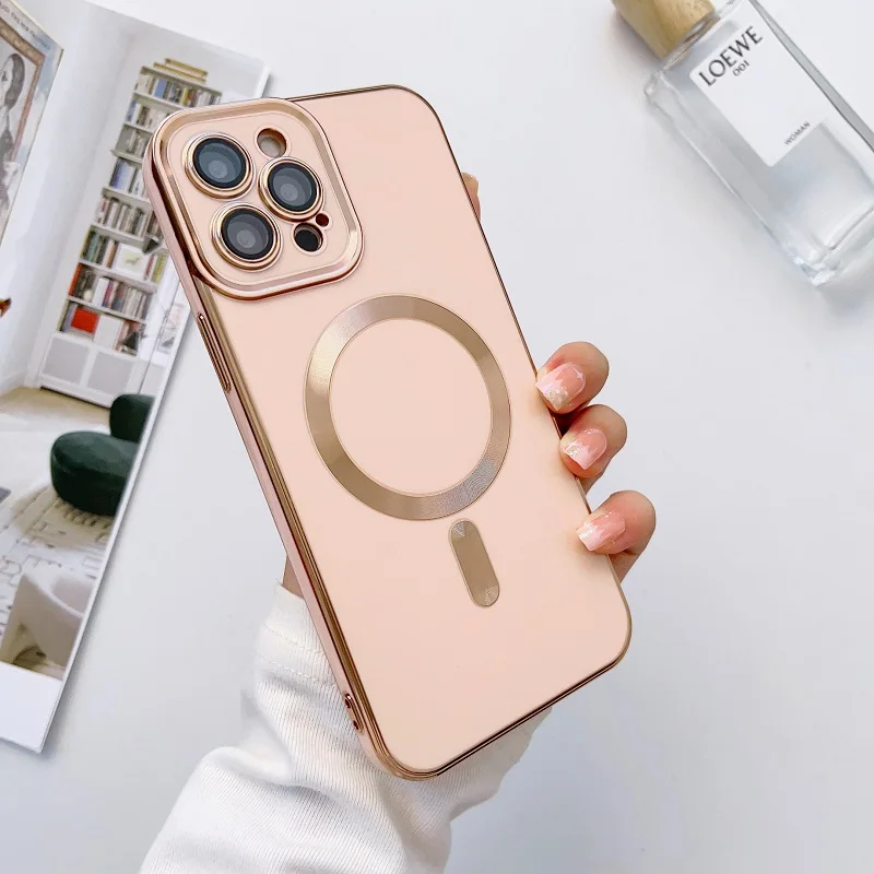 Plating Frame Phone Case iPhone 13 12 11 Pro Max 14 Plus For Magsafe Magnetic Wireless Charging Lens Protective_voghion.com