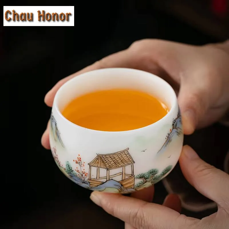 160ml High-end Ice White Jade Porcelain Teacup Hand-painted Landscape Master Cup Personal Jianzhan Anti Scalding Kung Fu Teaware