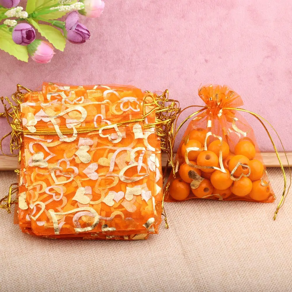 LFPU 50pcs 7x9cm Gold Color Heart Organza Bags Wedding Party Christmas Drawable Packaging Display Bag Candy Jewelry Gift Pouches