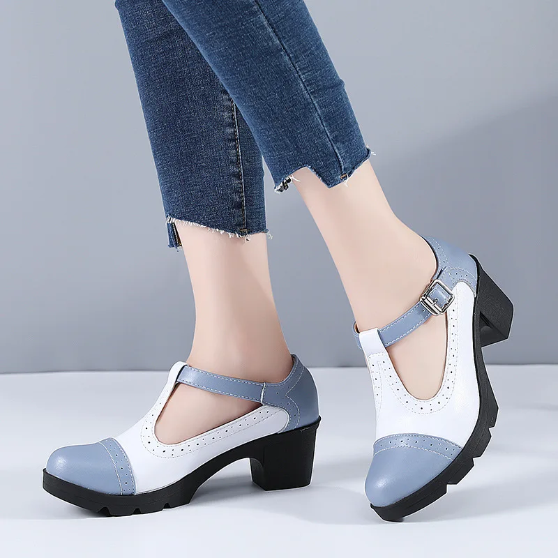 New Women Genuine Leather Buckle Strap Mary Janes Platform Shoes