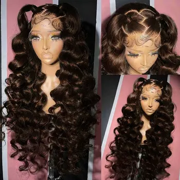 Deep Wave Chocolate Brown 13x4 Transparent Lace Frontal Wigs Human Hair 34 Inch 250% Density Loose Deep Curly Brown Colored Wig 1