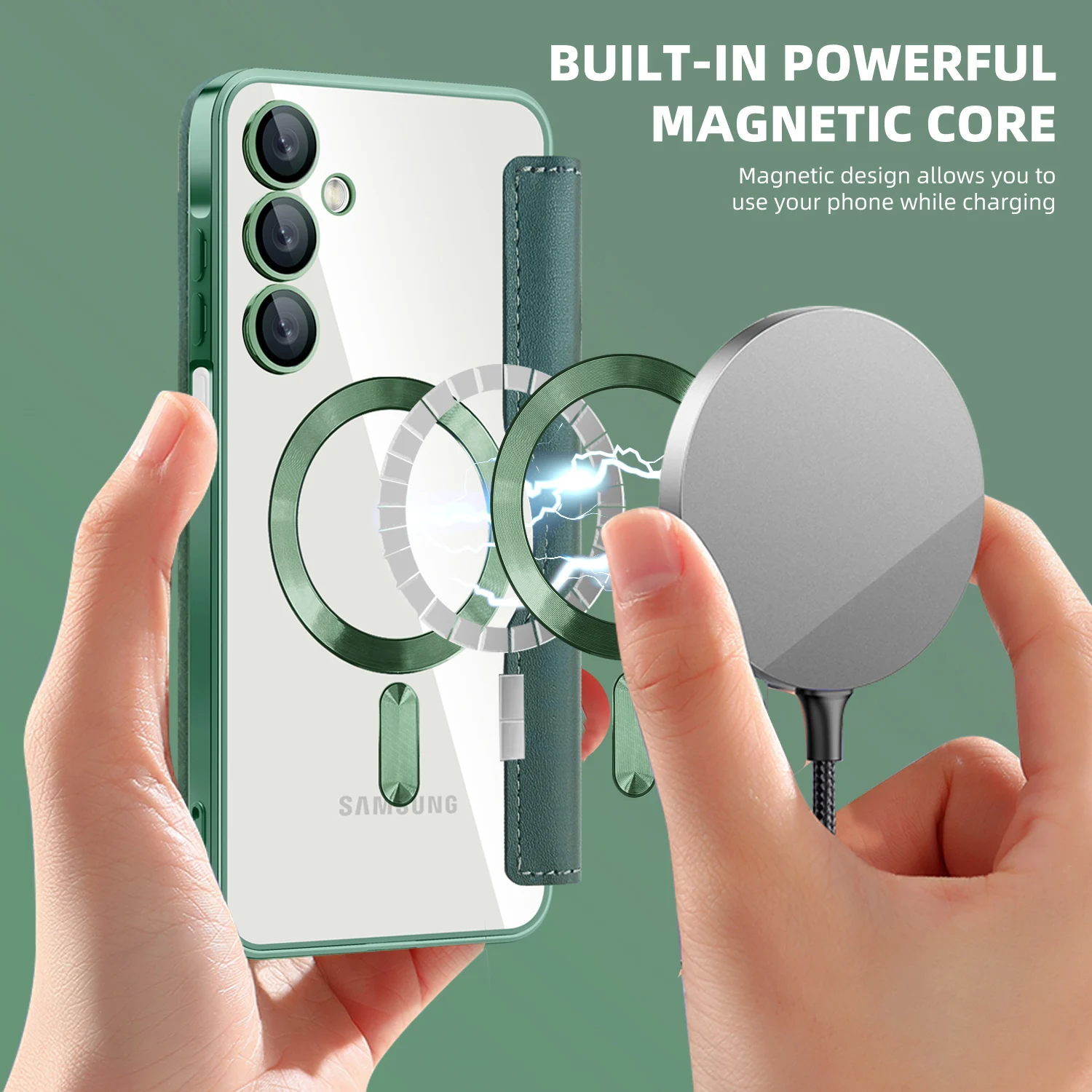 Premium Flip Magnetic Leather Case with Wireless Charging & Transparent Card Slot