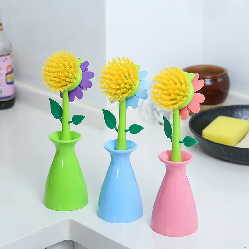 

Purple Gold Flower Kitchen Dishwashing Brush Long Handle Non-stick Oil Pot Brush Sink Hearth Clean Tools for Household Bathroom