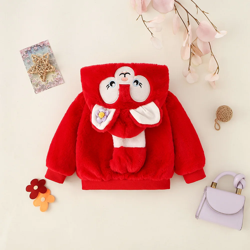 Girl's Fluffy Sweater With Cute Little Feet In Winter Cartoon Rabbit Hooded Zipper Cotton Jacket