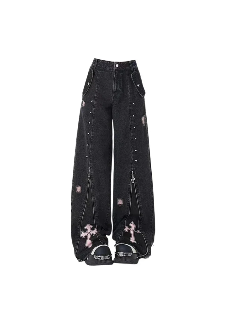 

Women Clothing Black Gothic Jeans 90s Aesthetic Y2k Oversize Denim Trousers Vintage Harajuku Korean Emo 2000s Trashy Jean Pants