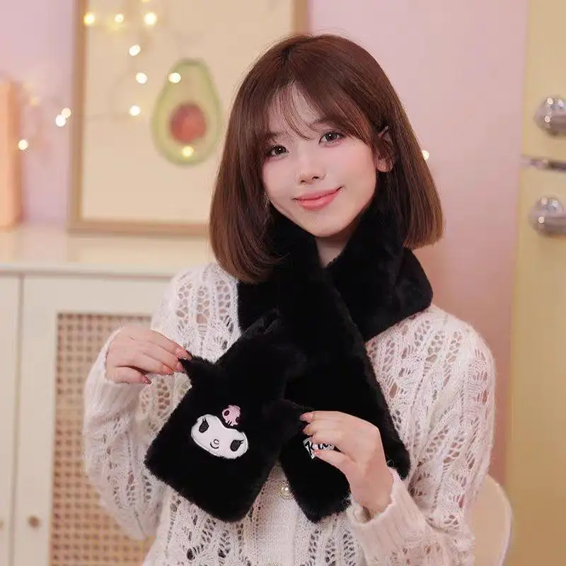 Kawaii Sanrios Scarf Cinnamoroll Neck Cover Female Anime Cute Kuromi My Melody Cross Fluffy Plush Scarf Korean Winter Girl Gifts