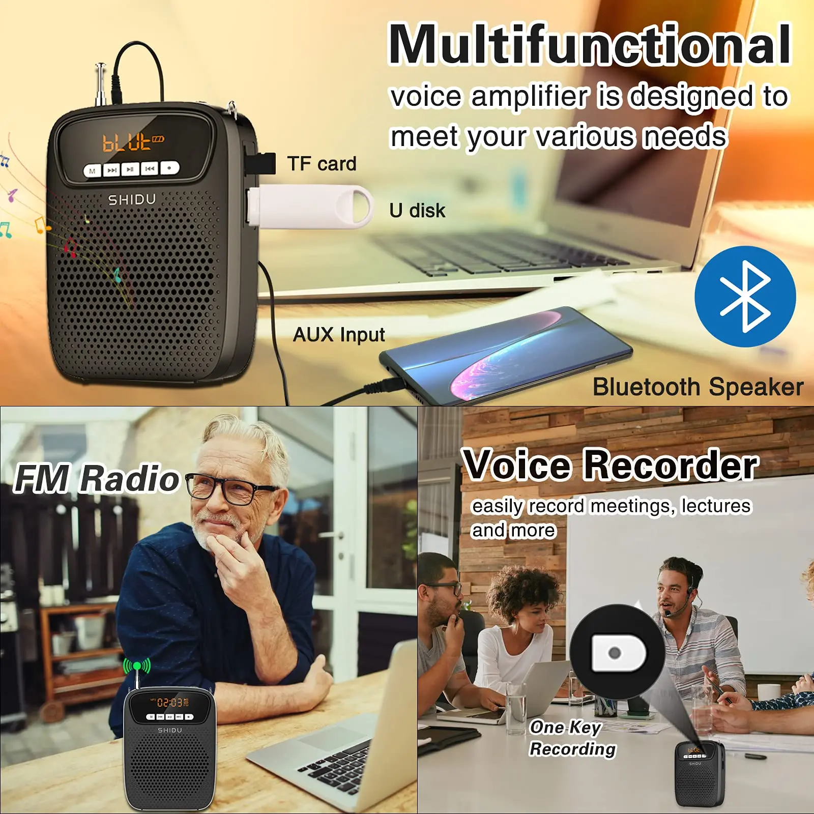 Voice Amplifier Wireless Voice Amplifier 15W S278 with Microphone Audio Recording FM Radio AUX Portable Bluetooth for Teachers Instructor