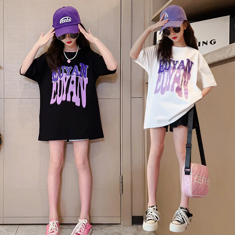 

Summer Children Printed T-shirts Fashion Black White Short Sleeve Tops Kids Loose Clothes for Teen Girls Clothing 1 To 15 Years