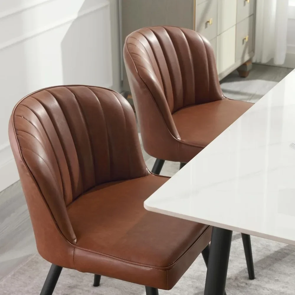 Dining Chairs Set of 2, Upholstered Leather Dining Room Chairs with Shell Back, Modern Kitchen with Metal Legs