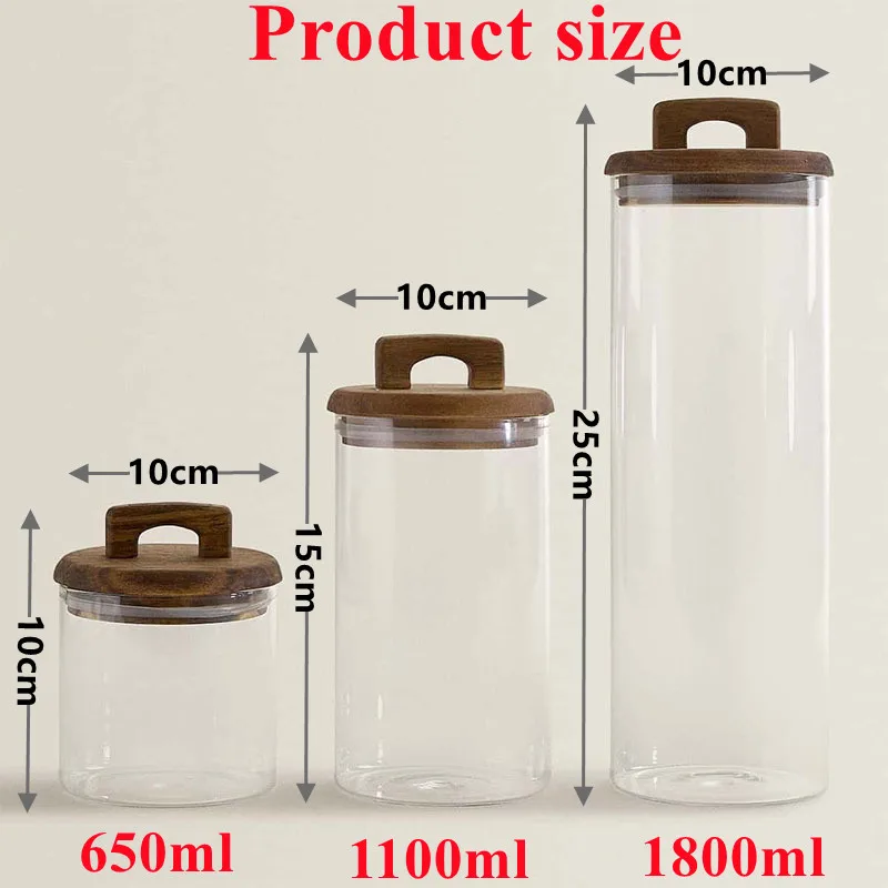 Glass Food storage tank 650/1100/1800ml With Wooden lid Kitchen Coffee beans Candy Tea Grains Canister Home Snacks storage jar glass storage tank glass storage jar glass storage container
