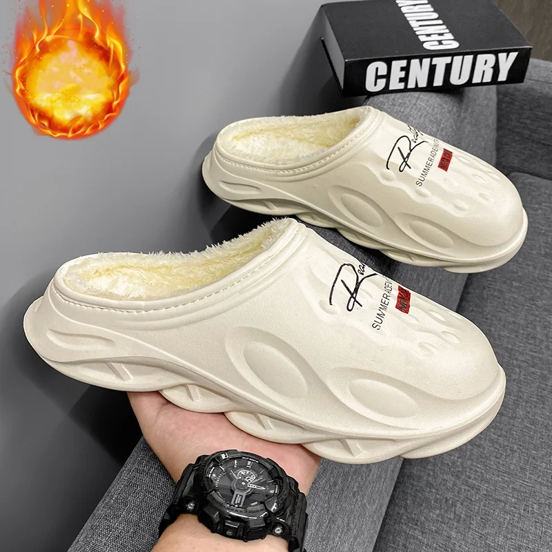 Autumn and Winter Cotton Slippers for Men and Women, Fleece-Lined Warm Cotton Shoes, Lightweight, Non-Slip, Waterproof, Indoor and Outdoor Thick-Soled Slippers