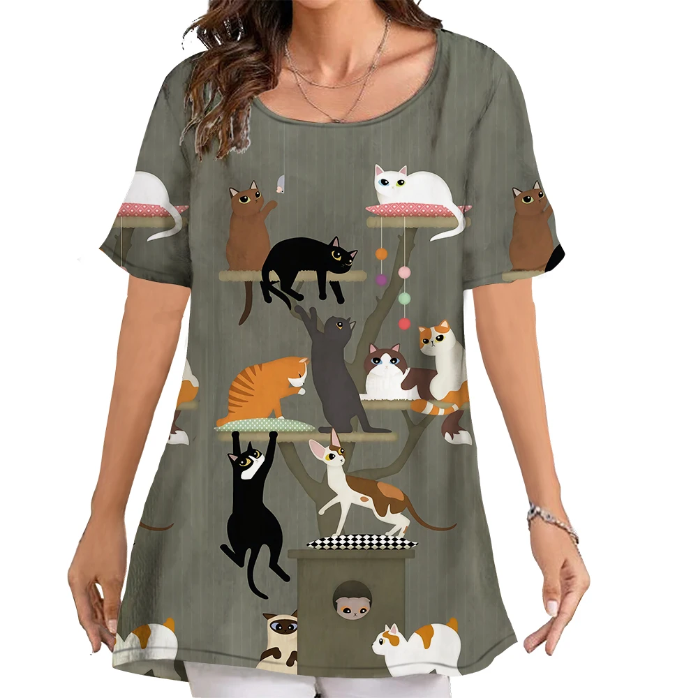 

CLOOCL Cute T-shirt Oversized Blouse Cartoon Cats Graphics 3D Printed Short Sleeve Tops Shirts for Women Fashion Clothing