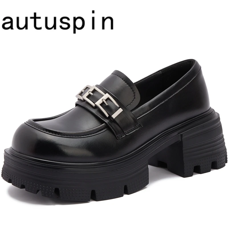 

AUTUSPIN 5cm Chunky Loafers for Women Spring Genuine Leather High Platform Punk Shoes Ladies Party Nightclub Thick Heel Pumps