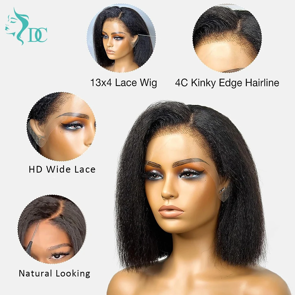 4c Hairline Kinky Straight Bob Wigs Human Hair Pre-Plucked Curly Baby Hair Short Bob 13x4 Lace Frontal Wigs 4x4 Closure