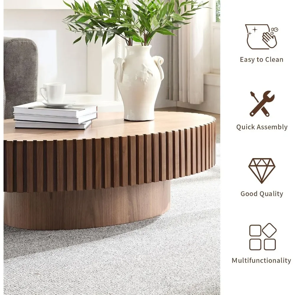 43.7''Oval Drum Coffee Table Handcrafted Relief Sturdy Pedestal Wooden Olive-Shaped Tea Table for Living Room 5