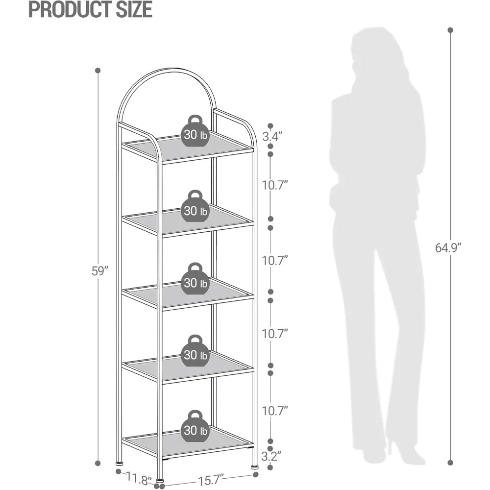 5 Tier Gold Bookcase Bookshelf, Tempered Glass Bookshelves, Slim Shelving Unit for Bedroom, Bathroom, Home Office, Steel Frame 2