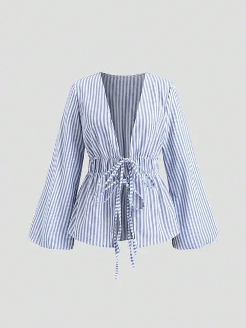Chemise à manches bouffantes avec nœud à nouer rayé 1