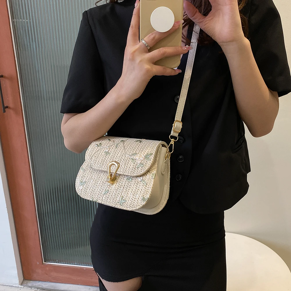 

Женская Соломенная Сумка через плечо, Плетеный соломенный саквояж на застежке с регулируемым ремешком и цветами, Пляжная летняя дамская сумочка