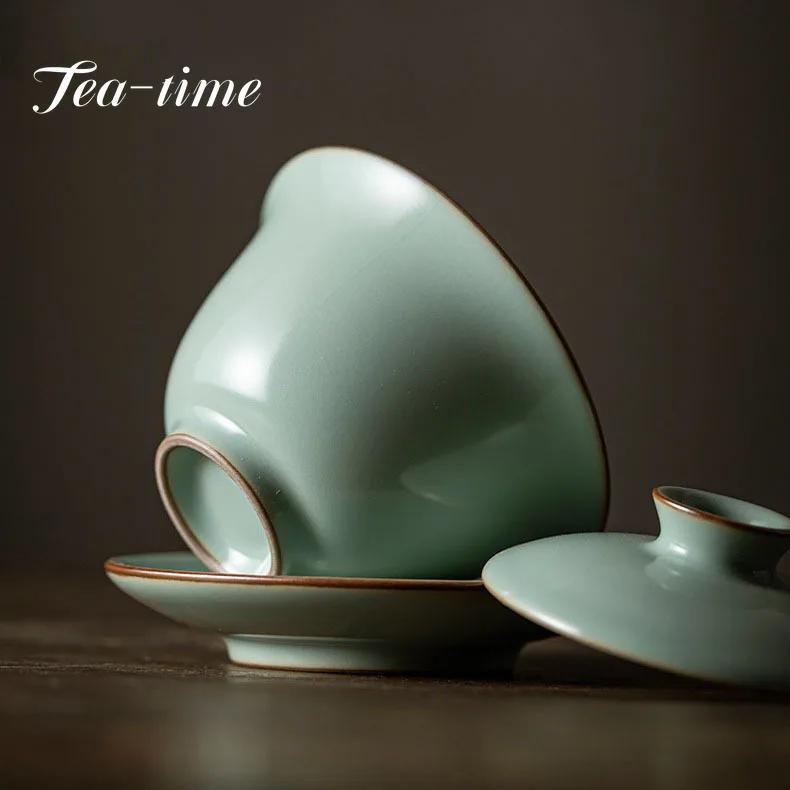 120ml Retro Azure Porcelain Tea Tureen Ru Kiln Sancai Cover Bowl Household Tea Maker Cup Saucer Can Raise Kungfu Teaset Gift Box