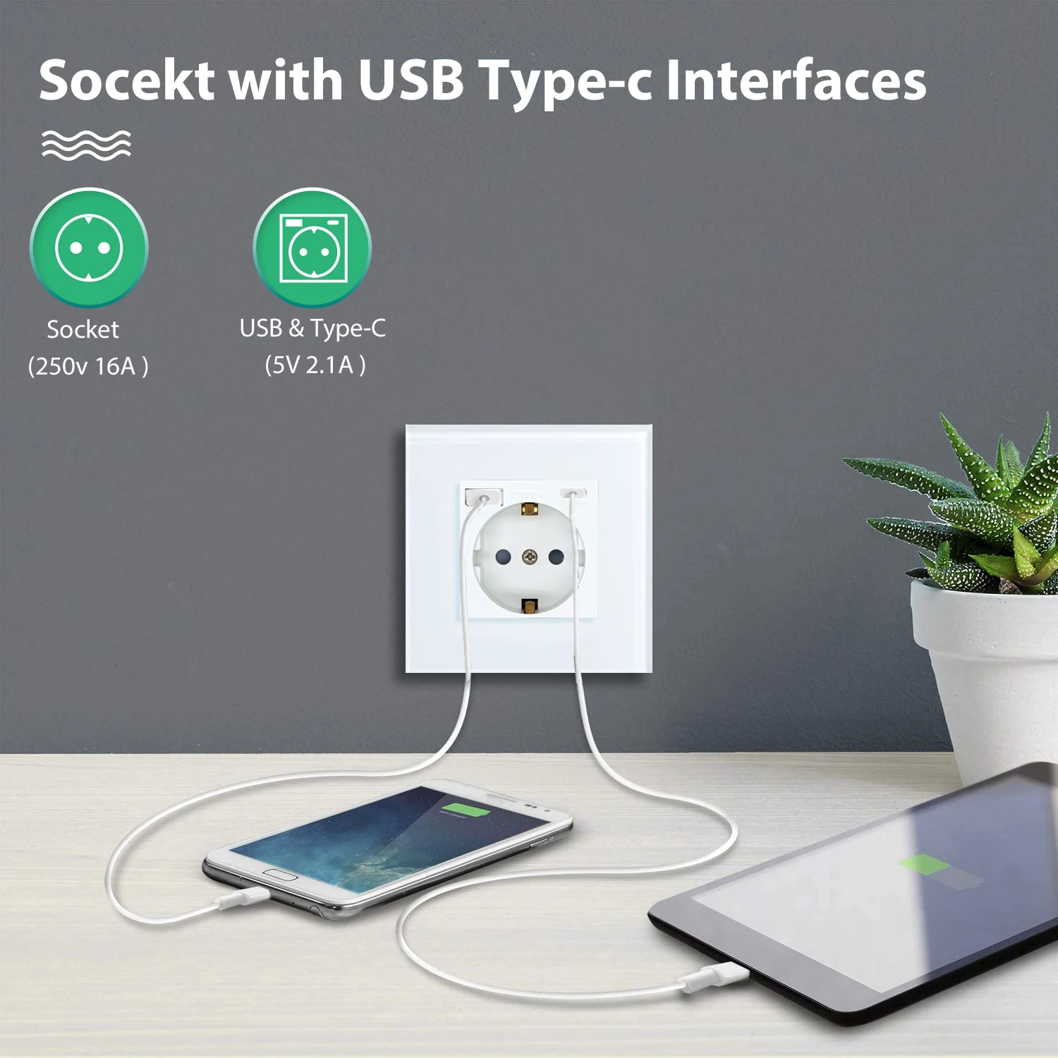 BSEED EU Wall Sockets Single Power Outlet Double Sockets USB Type-C Phone Charge Glass Panel Wall Touch Switch Kid protection