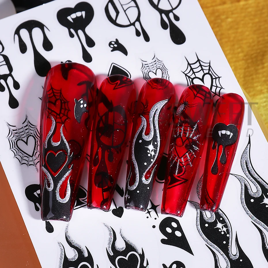 2pcs Gothic Style Halloween Nail Stickers 3D Black Red Heart Spider Web Crown Adhesive Nail Decals Sliders Manicure Decoration
