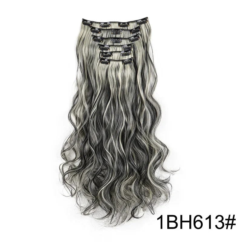 Elegant Black Ombre Long Synthetic Hair Extensions - 24 Set of 6, Heat Resistant, Clip-In