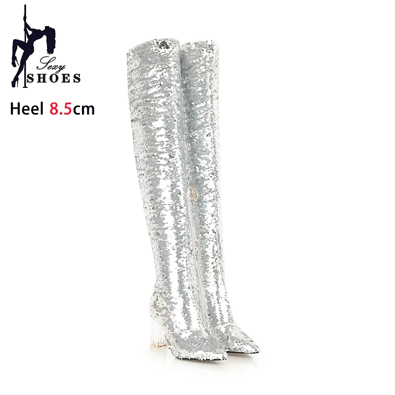 Women Fashion Pointed Toe Long Boots Nightclub Over The Knee Winter Shoes Female Crystal Chunk High Heels Bling Thigh High Boots