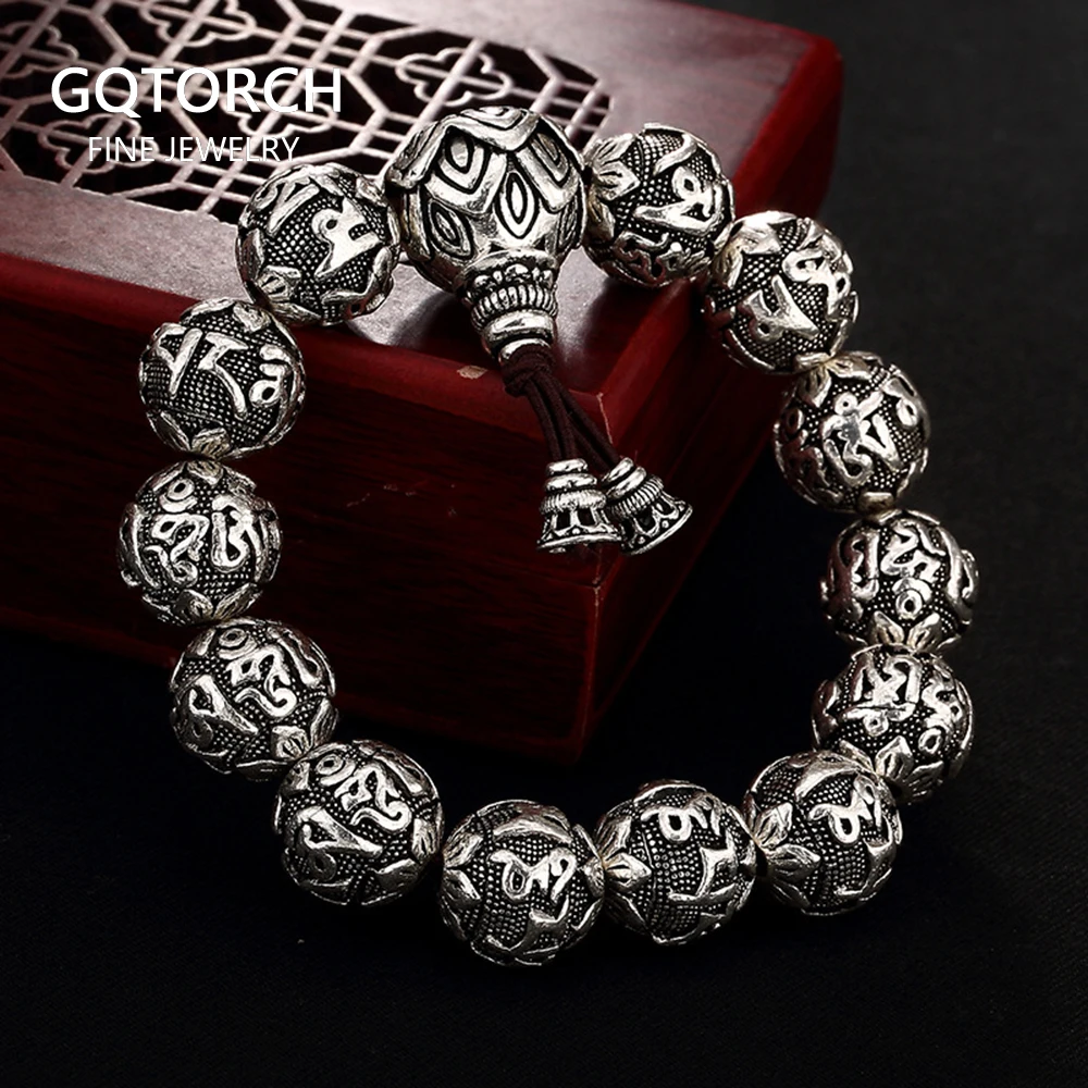 Real Solid 990 Silver Buddhist Bracelet Mens Mantra Beads Carved Six Words Om Mani Padme Hum For Tibetan Prayer Elastic Rope