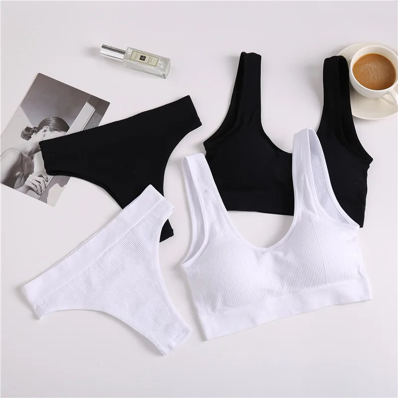 2PCS/Set Underwear Women Seamless Bra Wireless Bralette Lingerie Sexy High Waisted Panties Cotton Woman Lingerie_voghion.com