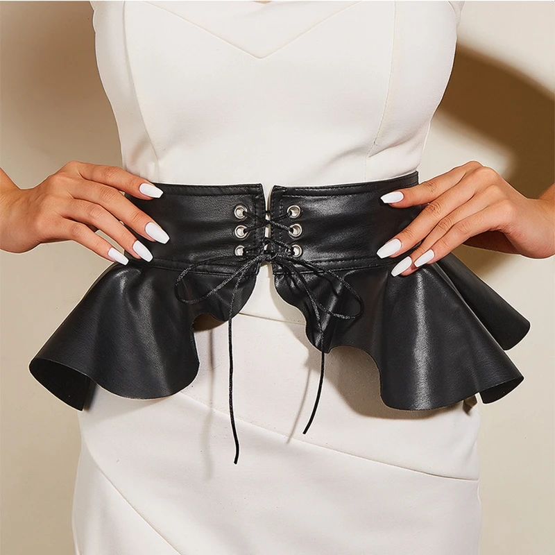 

Vintage Woman Wide Black Corset Belt High Quality Fashion Ruffle Leather Skirt Belts Dress PU Corset Belt Waistband Cummerbunds