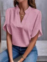 Summer Elegant Women's Blouse New V-neck Short Sleeve Solid Color Loose Shirt Casual Tops 2024 Office Lady Blouses