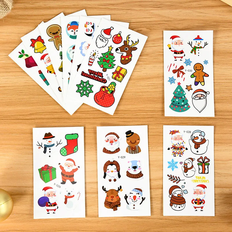 10Sheets Christmas Cartoon Pattern Tattoo Sticker Snowman Christmas Patterns Waterproof Night Light Temporary Tattoos Xmas Decor