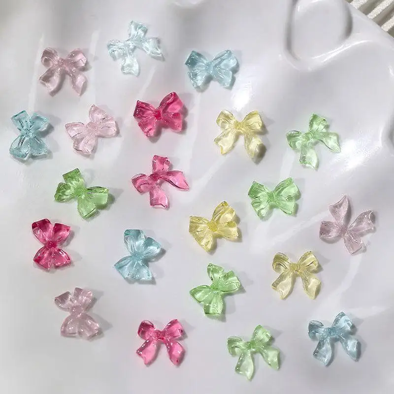 50Pcs Ice-Transparent French Ribbon Resin Bowknot Charms - Colorful Nail Art Decorations, Manicure DIY Jewelry Accessories