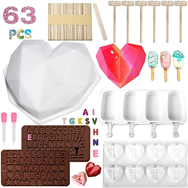 Chocolate Breakable Heart Silicone Mold with 2pcs Wooden Hammers,3D Diamond  H