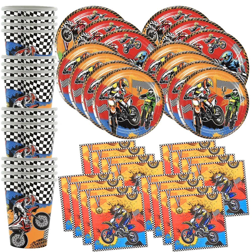 Motorrad-Bike-Party-Geschirr-Set 7/9 Zoll Teller Becher Servietten Kinder Jungen Motorrad-Biker-Geburtstagsparty-Dekorationen und Zubehör