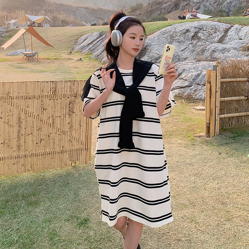 

Women Black White Stripe Dress with Shawl 2024 Summer New Short Sleeve O-neck Casual Loose Girl Straight Mid-long Dresses 0069