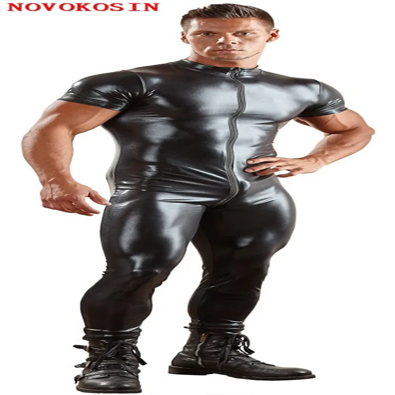 S-3XL Sexy Men Short Sleeve Tight Jumpsuit Faux Leather Two Zipper Open Crotch Bodysuit Fetish Costume Night Club DS Lingerie