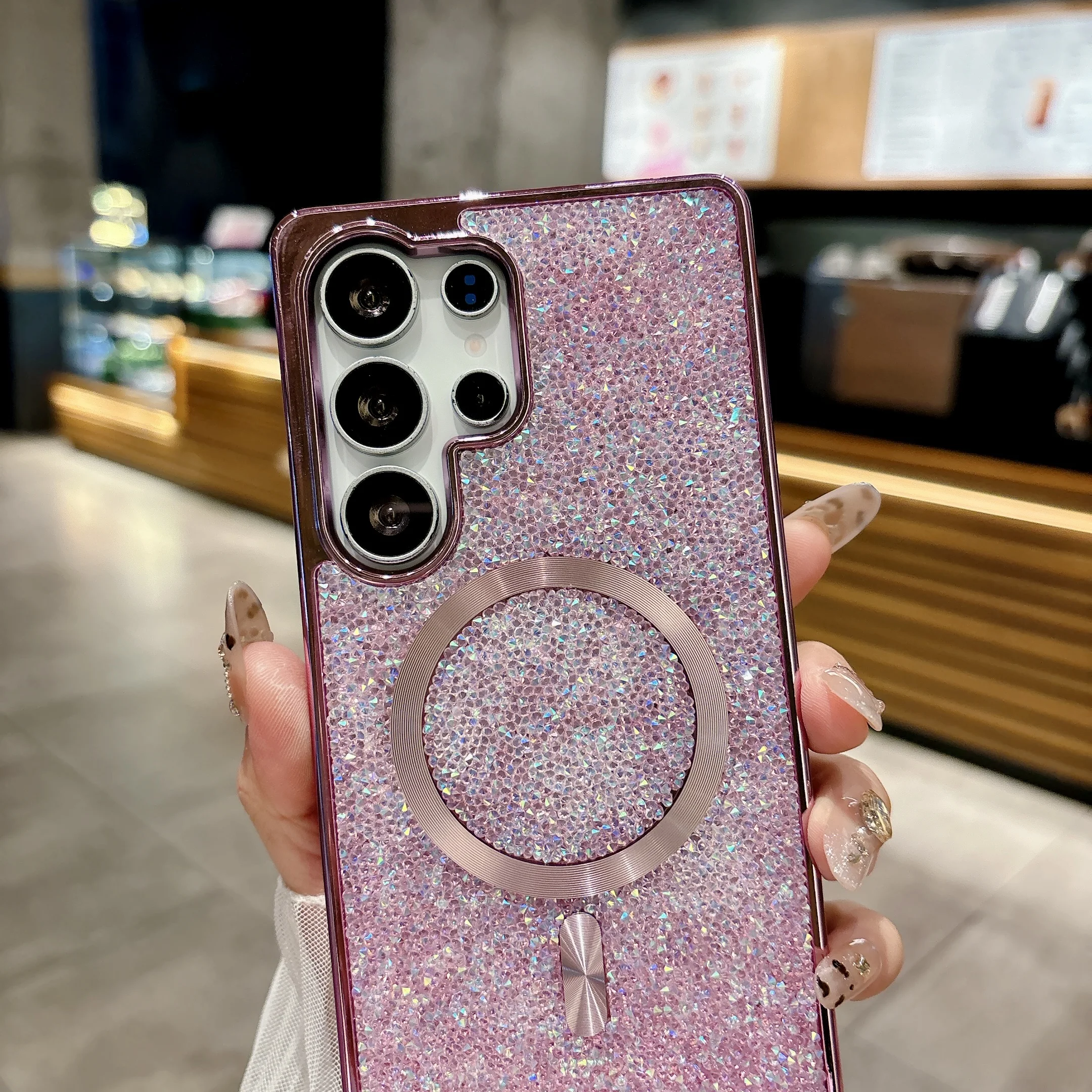Luxury Bling Diamond Plating Phone Case with Wireless Charging and Magnetic Glitter Finish