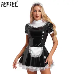 Womens Patent Leather Maid Servant Uniform Flared Cosplay Dress with Lace Headband Ruffles Lace Apron Puff Sleeve A-Line Dress