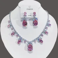 Luxury Waterdrop Pendant Jewelry Set Earring Pink Necklace For Women Bridal Wedding Exquisite Fashion Zircon Party Banquet Gift 1